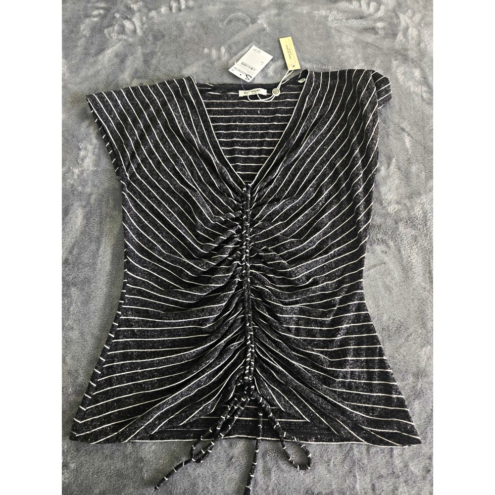Max Studio London Dark Heathered Gray Striped Ruched Drawstring V-Neck Top S